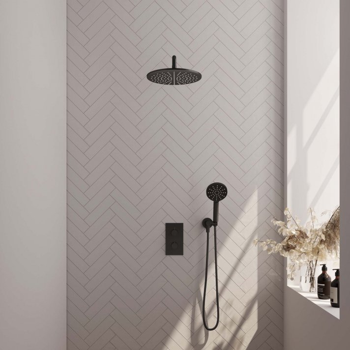 BRAUER Black Carving thermostatische inbouw regendouche 3-weg omstelling SET 34 met 30 cm douchekop en gebogen muurarm en 3-standen handdouche en doucheslang en wandaansluitbocht mat zwart