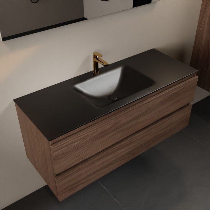 Mondiaz Aivy 120cm badmeubel Mocha, wastafel Urban solid surface midden 1 kraangat met spiegel