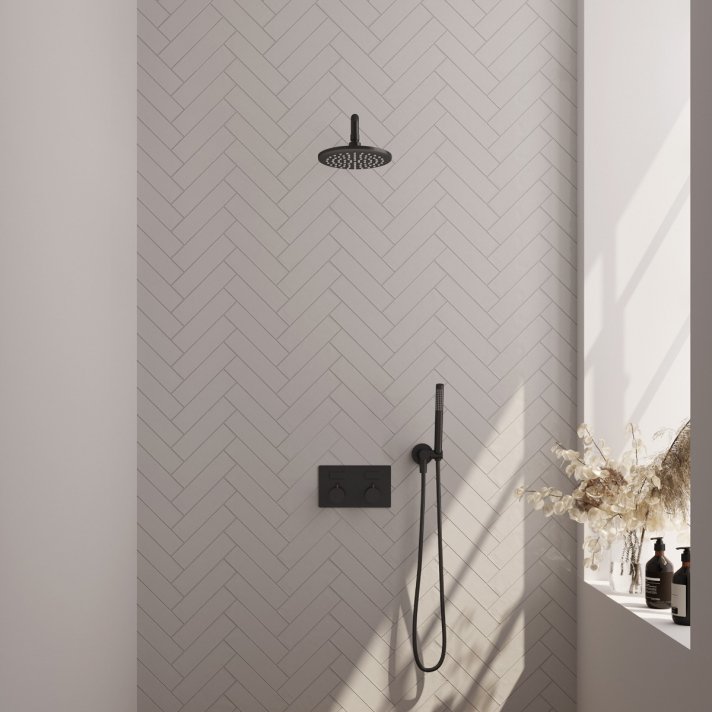 BRAUER Black Carving thermostatische inbouw regendouche met drukknoppen SET 51 met 20 cm douchekop en gebogen muurarm en staaf handdouche en doucheslang en wandaansluitbocht mat zwart