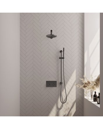 BRAUER Gunmetal Carving thermostatische inbouw regendouche met drukknoppen SET 61 met 20 cm douchekop en rechte muurarm en staaf handdouche en doucheslang en geïntegreerde glijstang gunmetal geborsteld PVD