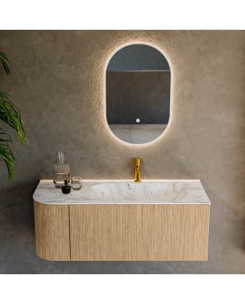 Mondiaz Kurve-Dlux 115cm badmeubel ronding Links kleur Oak met 1 lade en 1 deur. Wastafel Big small Rechts 1 kraangat Glace.