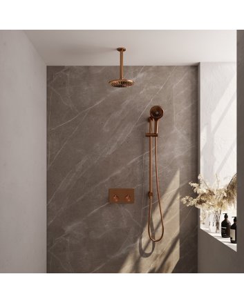 BRAUER Copper Carving thermostatische inbouw regendouche met drukknoppen SET 71 met 20 cm douchekop en plafondarm en 3-standen handdouche en doucheslang en geïntegreerde glijstang koper geborsteld PVD