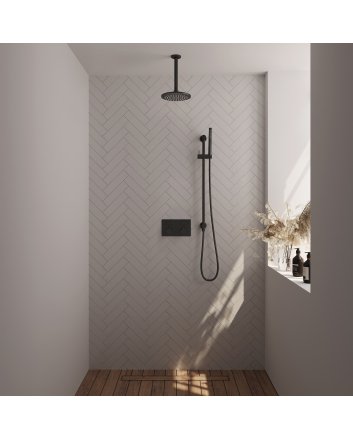 BRAUER Black Edition thermostatische inbouw regendouche met drukknoppen SET 65 met 20 cm douchekop en plafondarm en staaf handdouche en doucheslang en geïntegreerde glijstang mat zwart