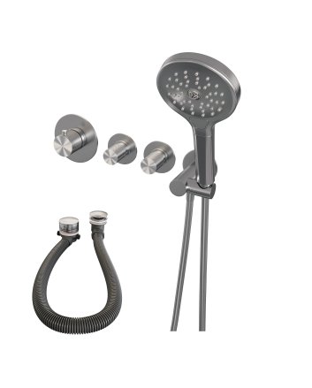 BRAUER Brushed Carving thermostatische inbouw badkraan SET 02 met badvulcombinatie en 3-standen handdouche en doucheslang en wandaansluitbocht RVS geborsteld PVD