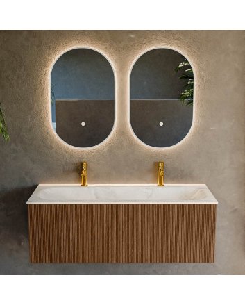 Mondiaz Kurve-Dlux 120cm badmeubel kleur Walnut met 1 lade en 0 deuren. Wastafel Big large Midden 2 kraangaten Ostra.