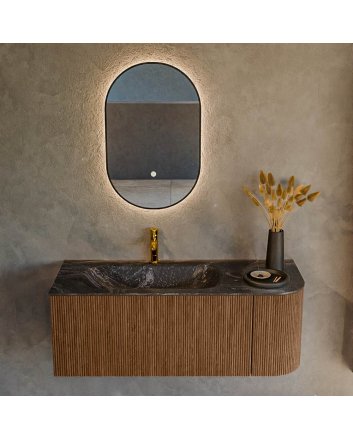 Mondiaz Kurve-Dlux 115cm badmeubel ronding Rechts kleur Walnut met 1 lade en 1 deur. Wastafel Big small Links 1 kraangat Lava.