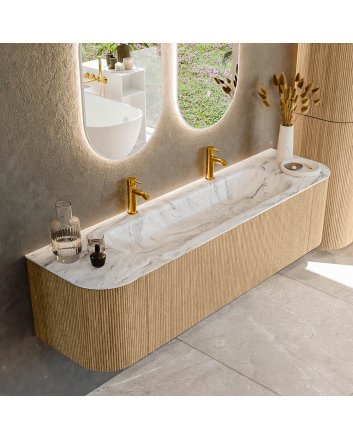 Mondiaz Kurve-Dlux 170cm badmeubel ronding Links + Rechts kleur Oak met 1 lade en 2 deuren. Wastafel Big large Midden 2 kraangaten Glace.
