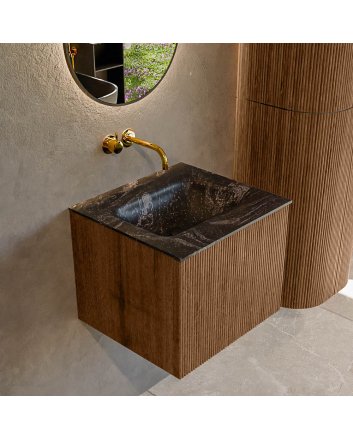 Mondiaz Kurve-Dlux 50cm badmeubel kleur Walnut met 1 lade en 0 deuren. Wastafel Grunne Midden zonder kraangat Lava.