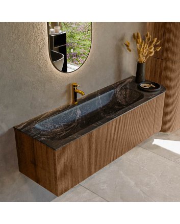 Mondiaz Kurve-Dlux 145cm badmeubel ronding Rechts kleur Walnut met 1 lade en 1 deur. Wastafel Big large Links 1 kraangat Lava.