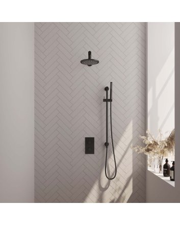BRAUER Black Carving thermostatische inbouw regendouche 3-weg omstelling SET 37 met 20 cm douchekop en rechte muurarm en staaf handdouche en doucheslang en geïntegreerde glijstang mat zwart