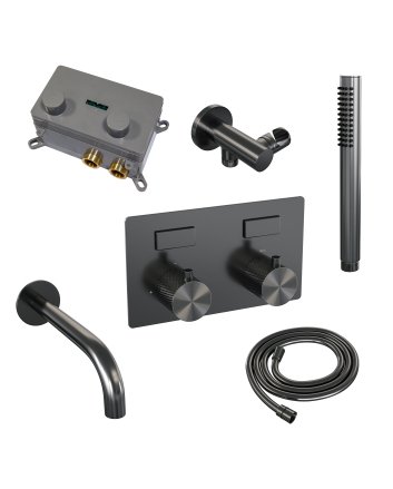 BRAUER Gunmetal Carving thermostatische inbouw badkraan met drukknoppen SET 03 met uitloop en staaf handdouche en doucheslang en wandaansluitbocht gunmetal geborsteld PVD