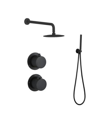 Sani DeLuxe Doucheset inbouw met box thermostaat, muurbevestiging / afwerkringen / douchekop 25 cm rond Mat Zwart met geribbeld knop