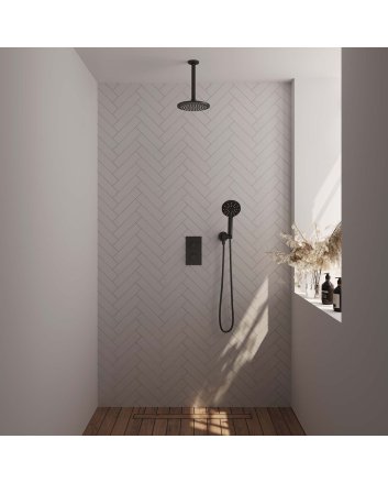BRAUER Black Carving thermostatische inbouw regendouche 3-weg omstelling SET 35 met 20 cm douchekop en plafondarm en 3-standen handdouche en doucheslang en wandaansluitbocht mat zwart