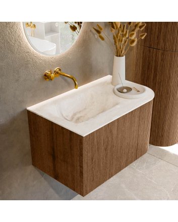 Mondiaz Kurve-Dlux 75cm badmeubel ronding Rechts kleur Walnut met 1 lade en 1 deur. Wastafel Grunne Links zonder kraangat Frappe.
