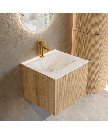 Mondiaz Kurve-Dlux 50cm badmeubel kleur Oak met 1 lade en 0 deuren. Wastafel Grunne Midden 1 kraangat Frappe.