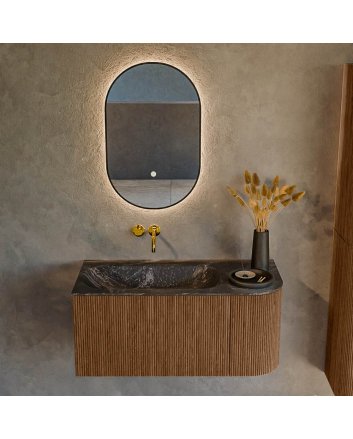 Mondiaz Kurve-Dlux 95cm badmeubel ronding Rechts kleur Walnut met 1 lade en 1 deur. Wastafel Big small Links zonder kraangat Lava.