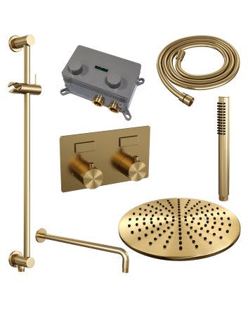 BRAUER Gold Edition thermostatische inbouw regendouche met drukknoppen SET 64 met 30 cm douchekop en gebogen muurarm en staaf handdouche en doucheslang en geïntegreerde glijstang goud geborsteld PVD