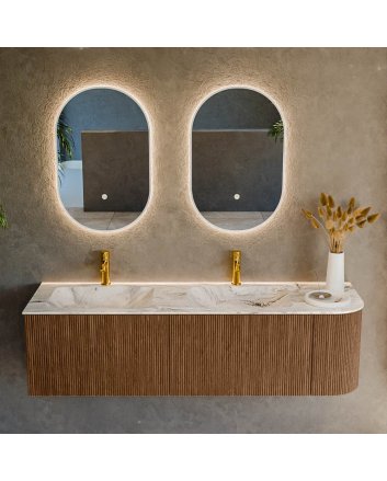 Mondiaz Kurve-Dlux 155cm badmeubel ronding Rechts kleur Walnut met 2 lades en 1 deur. Wastafel Leaf Dubbel / Links 2 kraangaten Glace.