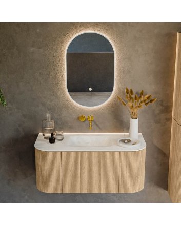 Mondiaz Kurve-Dlux 100cm badmeubel ronding Links + Rechts kleur Oak met 1 lade en 2 deuren. Wastafel Grunne Midden zonder kraangat Opalo.