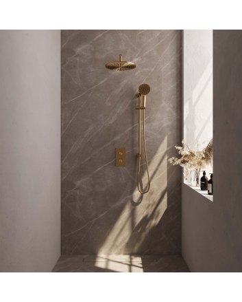 BRAUER Gold Carving thermostatische inbouw regendouche 3-weg omstelling SET 46 met 30 cm douchekop en gebogen muurarm en 3-standen handdouche en doucheslang en geïntegreerde glijstang goud geborsteld PVD
