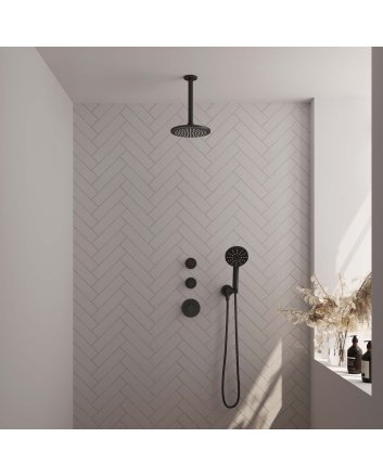 BRAUER Black Carving thermostatische inbouw regendouche SET 11 met 20 cm douchekop en plafondarm en 3-standen handdouche en doucheslang en wandaansluitbocht mat zwart