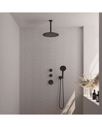 BRAUER Black Carving thermostatische inbouw regendouche SET 12 met 30 cm douchekop en plafondarm en 3-standen handdouche en doucheslang en wandaansluitbocht mat zwart