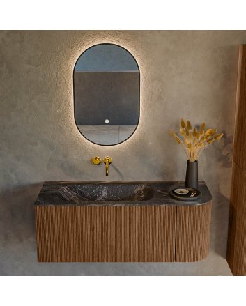 Mondiaz Kurve-Dlux 115cm badmeubel ronding Rechts kleur Walnut met 1 lade en 1 deur. Wastafel Big small Links zonder kraangat Lava.