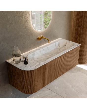 Mondiaz Kurve-Dlux 125cm badmeubel ronding Links kleur Walnut met 1 lade en 1 deur. Wastafel Big medium Rechts zonder kraangat Glace.
