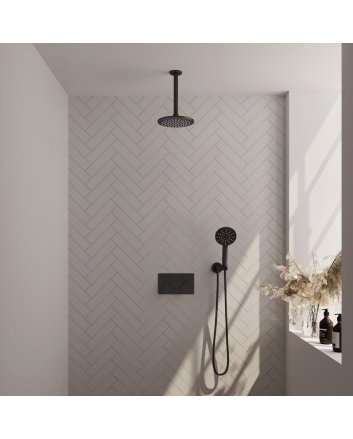 BRAUER Black Edition thermostatische inbouw regendouche met drukknoppen SET 59 met 20 cm douchekop en plafondarm en 3-standen handdouche en doucheslang en wandaansluitbocht mat zwart