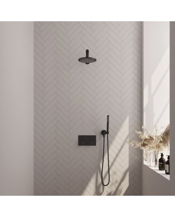 BRAUER Black Edition thermostatische inbouw regendouche met drukknoppen SET 49 met 20 cm douchekop en rechte muurarm en staaf handdouche en doucheslang en wandaansluitbocht mat zwart
