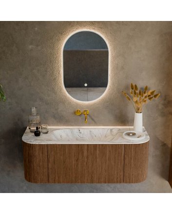 Mondiaz Kurve-Dlux 120cm badmeubel ronding Links + Rechts kleur Walnut met 1 lade en 2 deuren. Wastafel Big small Midden zonder kraangat Glace.