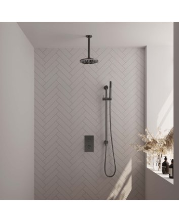 BRAUER Gunmetal Edition thermostatische inbouw regendouche 3-weg omstelling SET 41 met 20 cm douchekop en plafondarm en staaf handdouche en doucheslang en geïntegreerde glijstang gunmetal geborsteld PVD