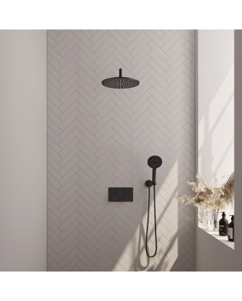 BRAUER Black Edition thermostatische inbouw regendouche met drukknoppen SET 58 met 30 cm douchekop en gebogen muurarm en 3-standen handdouche en doucheslang en wandaansluitbocht mat zwart