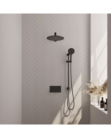BRAUER Black Carving thermostatische inbouw regendouche met drukknoppen SET 68 met 30 cm douchekop en rechte muurarm en 3-standen handdouche en doucheslang en geïntegreerde glijstang mat zwart