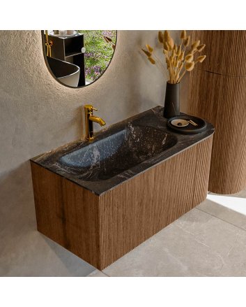 Mondiaz Kurve-Dlux 95cm badmeubel ronding Rechts kleur Walnut met 1 lade en 1 deur. Wastafel Big small Links 1 kraangat Lava.