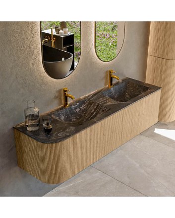 Mondiaz Kurve-Dlux 155cm badmeubel ronding Links kleur Oak met 2 lades en 1 deur. Wastafel Leaf Dubbel / Rechts 2 kraangaten Lava.
