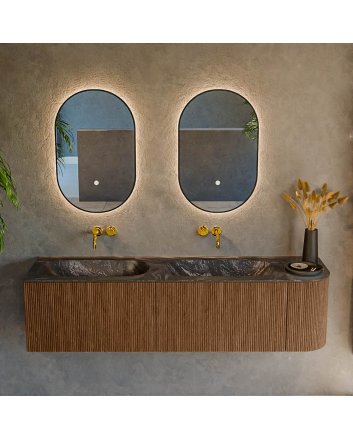 Mondiaz Kurve-Dlux 165cm badmeubel ronding Rechts kleur Walnut met 2 lades en 1 deur. Wastafel Stor small Dubbel / Links zonder kraangat Lava.