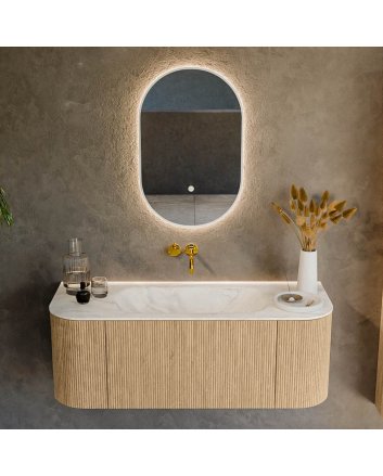 Mondiaz Kurve-Dlux 120cm badmeubel ronding Links + Rechts kleur Oak met 1 lade en 2 deuren. Wastafel Big small Midden zonder kraangat Ostra.