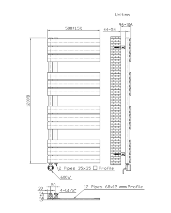 120x50 cm - 590W - Ecorad E-Slide - Programeerbaar Thermostaat - Elektrisch Designradiator - Mat Zwart