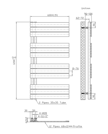 120x60 cm - 675 Watt - Ecorad Slide - Mat Zwart - Handdoekradiator | Designradiator