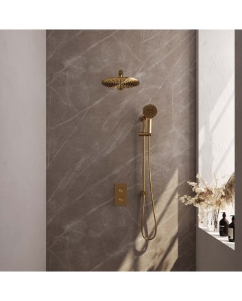 BRAUER Gold Carving thermostatische inbouw regendouche 3-weg omstelling SET 44 met 30 cm douchekop en rechte muurarm en 3-standen handdouche en doucheslang en geïntegreerde glijstang goud geborsteld PVD