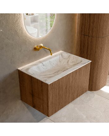 Mondiaz Kurve-Dlux 70cm badmeubel kleur Walnut met 1 lade en 0 deuren. Wastafel Big small Midden zonder kraangat Glace.
