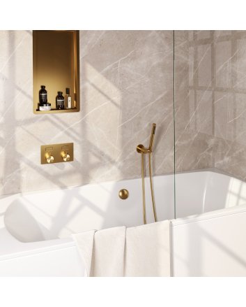 BRAUER Gold Carving thermostatische inbouw badkraan met drukknoppen SET 03 met badvulcombinatie en staaf handdouche en doucheslang en wandaansluitbocht goud geborsteld PVD