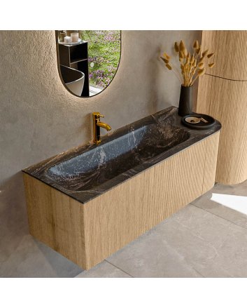 Mondiaz Kurve-Dlux 125cm badmeubel ronding Rechts kleur Oak met 1 lade en 1 deur. Wastafel Big medium Links 1 kraangat Lava.