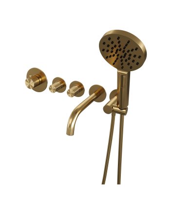 BRAUER Gold Carving thermostatische inbouw badkraan SET 02 met uitloop en 3-standen handdouche en doucheslang en wandaansluitbocht goud geborsteld PVD