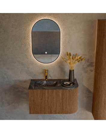 Mondiaz Kurve-Dlux 75cm badmeubel ronding Rechts kleur Walnut met 1 lade en 1 deur. Wastafel Grunne Links 1 kraangat Lava.