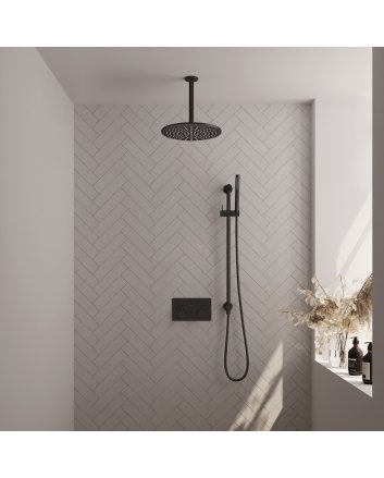 BRAUER Black Carving thermostatische inbouw regendouche met drukknoppen SET 66 met 30 cm douchekop en plafondarm en staaf handdouche en doucheslang en geïntegreerde glijstang mat zwart