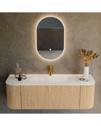Mondiaz Kurve-Dlux 140cm badmeubel ronding Links + Rechts kleur Oak met 1 lade en 2 deuren. Wastafel Big small Midden 1 kraangat Ostra.