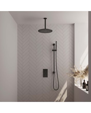 BRAUER Black Edition thermostatische inbouw regendouche 3-weg omstelling SET 42 met 30 cm douchekop en plafondarm en staaf handdouche en doucheslang en geïntegreerde glijstang mat zwart
