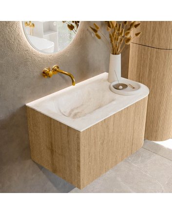 Mondiaz Kurve-Dlux 75cm badmeubel ronding Rechts kleur Oak met 1 lade en 1 deur. Wastafel Grunne Links zonder kraangat Frappe.